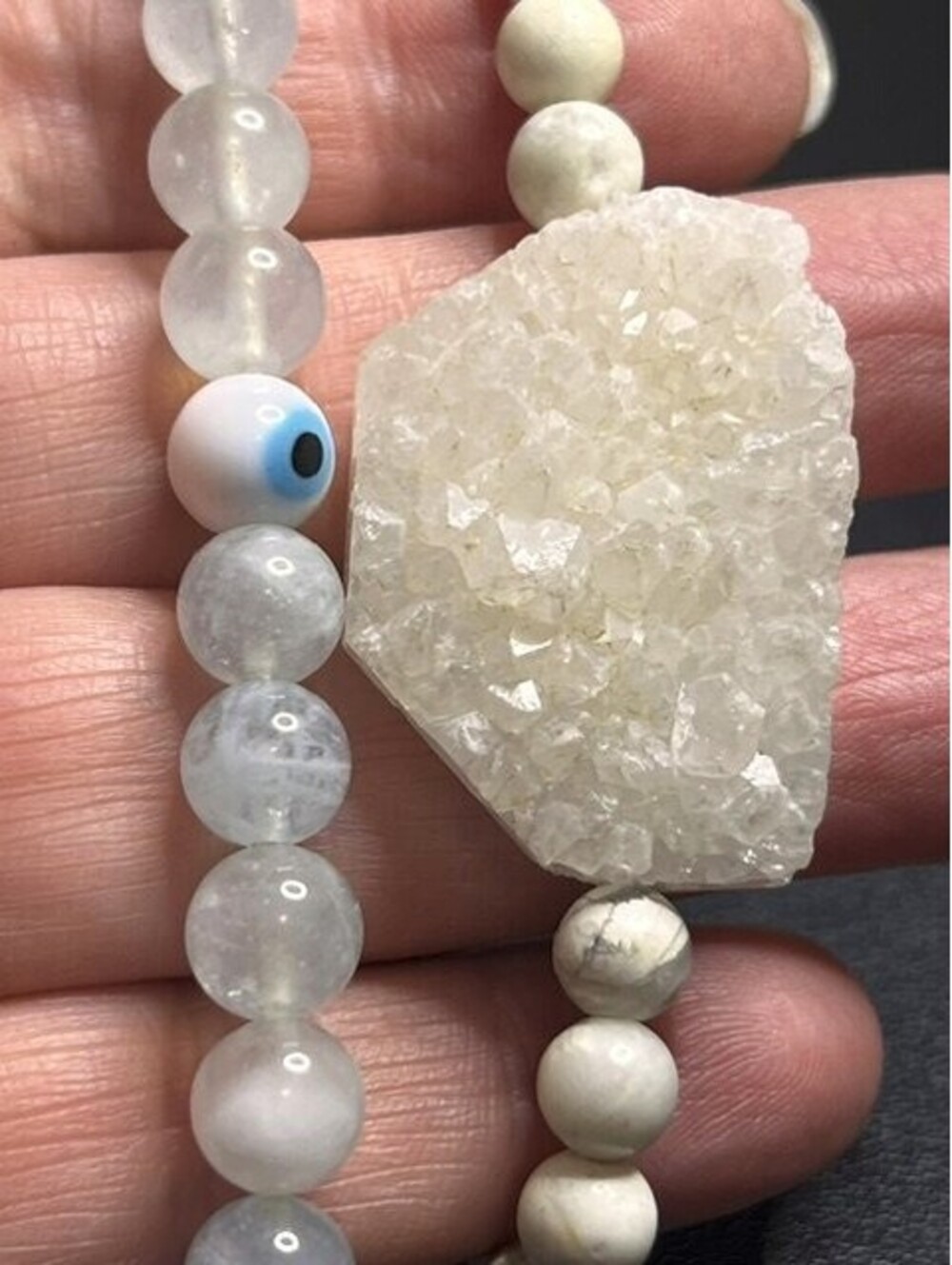 B6370 2pc Druzy Quartz Crystal Evil Eye Beaded Stretch Bracelet Moonstone